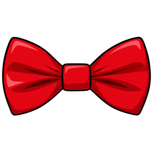 Red bow tie clipart with a glossy finish, bold black outline, and highlights on a transparent background.