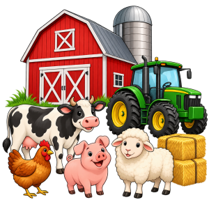 Farming clipart featuring a red barn, silver silo, green tractor, black-and-white cow, pink pig, white sheep, brown hen, and golden hay bales in a colorful cartoon style on a transparent background.