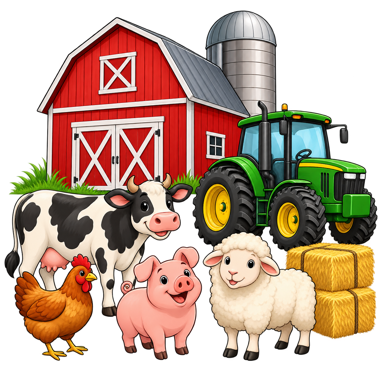Farming clipart featuring a red barn, silver silo, green tractor, black-and-white cow, pink pig, white sheep, brown hen, and golden hay bales in a colorful cartoon style on a transparent background.