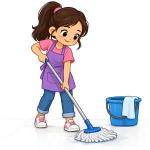 A cute clipart cartoon girl wearing a pink shirt and purple apron mopping the floor beside a blue cleaning bucket.