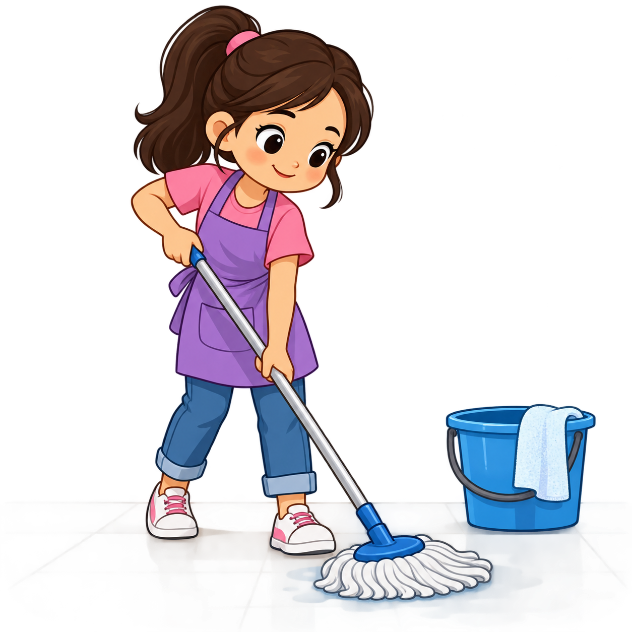A cute clipart cartoon girl wearing a pink shirt and purple apron mopping the floor beside a blue cleaning bucket.