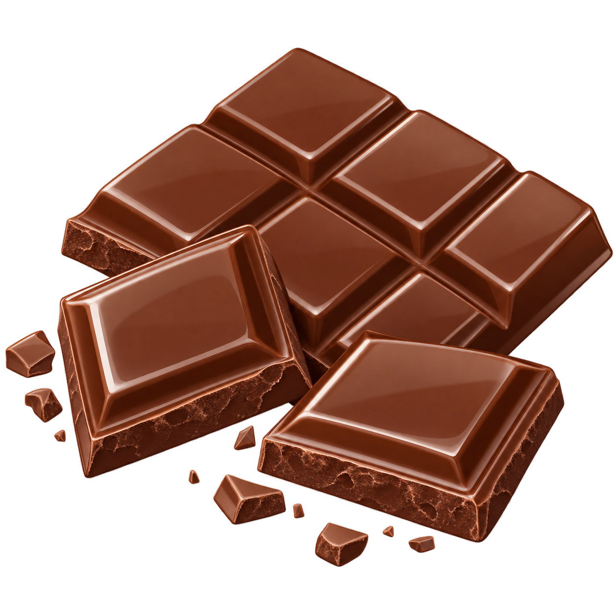Glossy brown chocolate bar broken into square pieces with scattered chocolate chunks and crumbs on a transparent background.