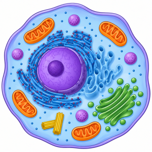 Colourful animal cell clipart showing a cross-section of an animal cell with a purple nucleus, blue cytoplasm, orange mitochondria, green Golgi apparatus, endoplasmic reticulum, ribosomes, vesicles and a purple cell membrane on a white background.